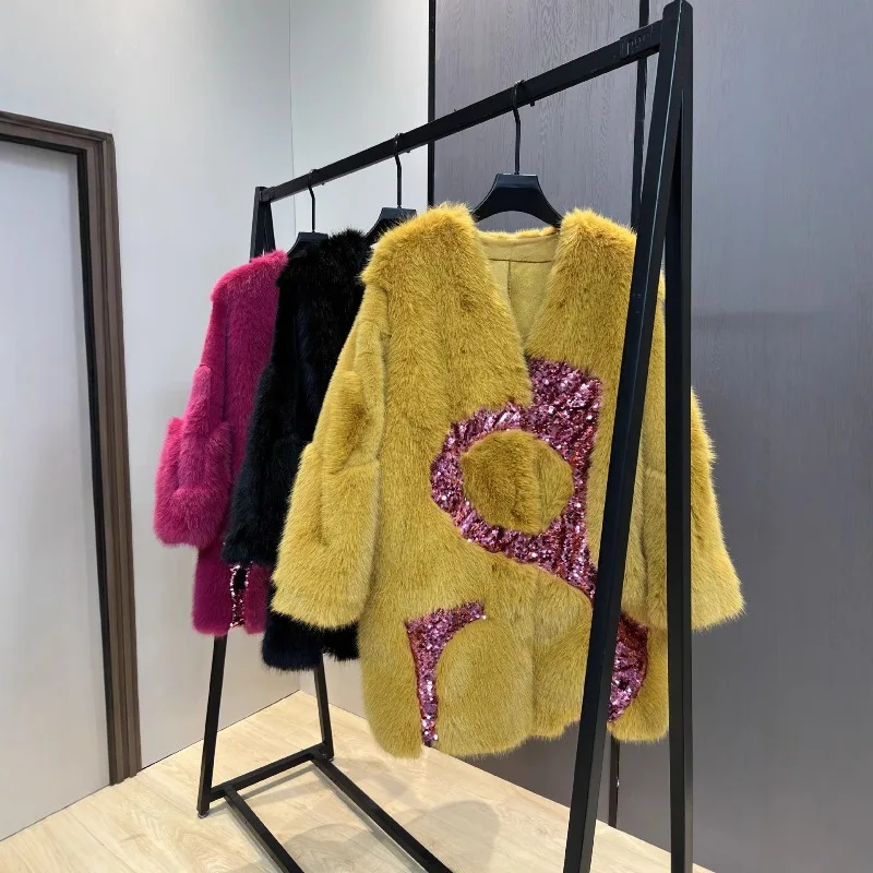 Fashion New Faux Fur Mid-Length Jacket Winter Autumn Thickened Warm Popular Design Sequin Versatile Stylish Women's Furry Coat
