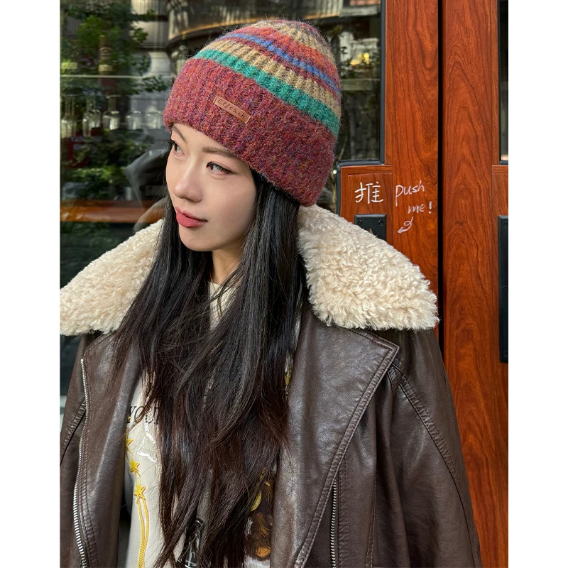 ELFSACK Casual Cute Rainbow Striped Warm Knit Beanie For Women