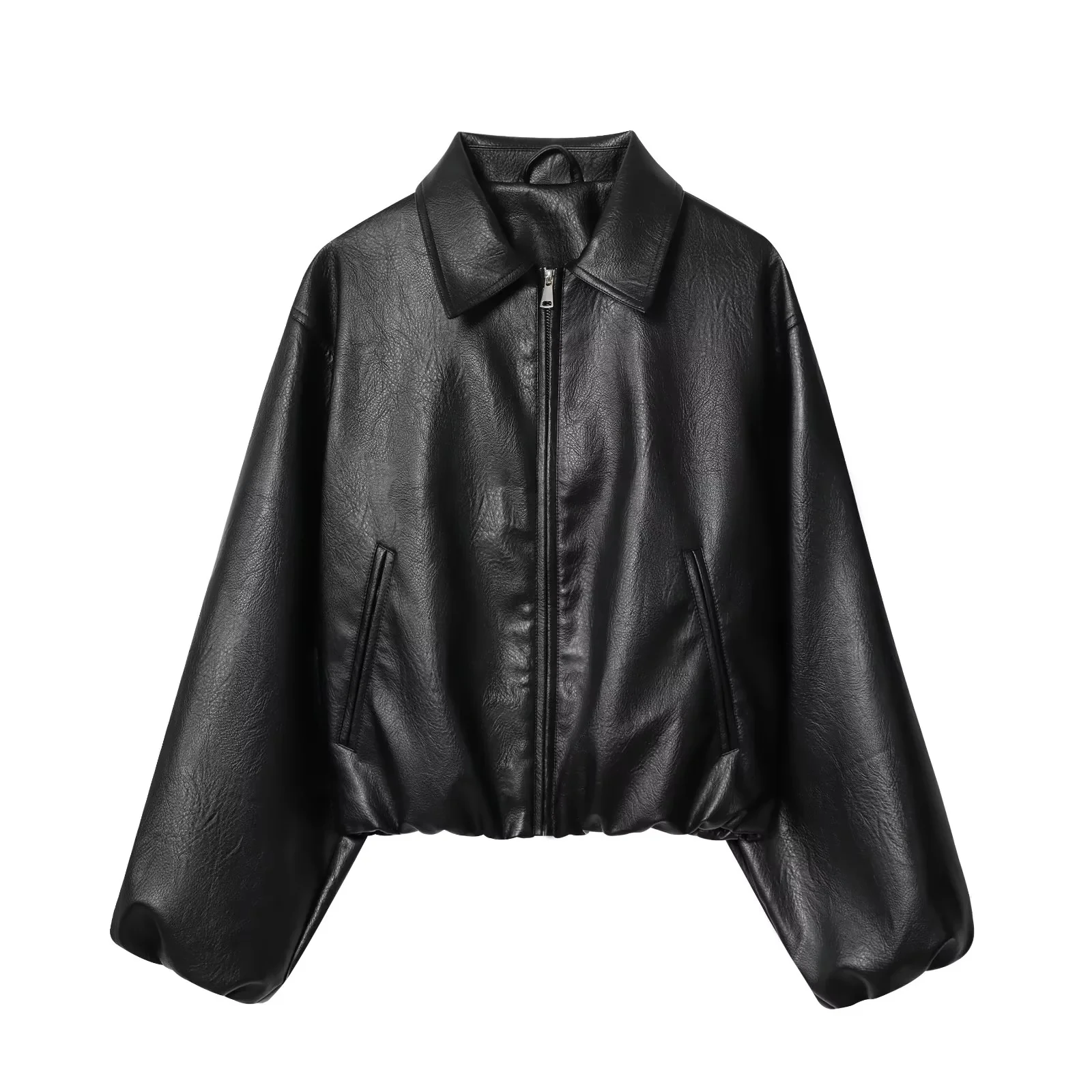 فضفاض طويل Sve بولي Leather الجلود الطيار Jaet المرأة الخريف جديد Sle الوقوف طوق سستة إغلاق تخفيف Sle Faion ملابس خارجية