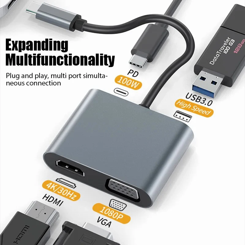 Estación de acoplamiento 4 en 1 USB C HUB 4K 30Hz adaptador compatible con HDMI tipo C a HDMI VAG PD100W USB 3,0 HUB USB C divisor para Macbook