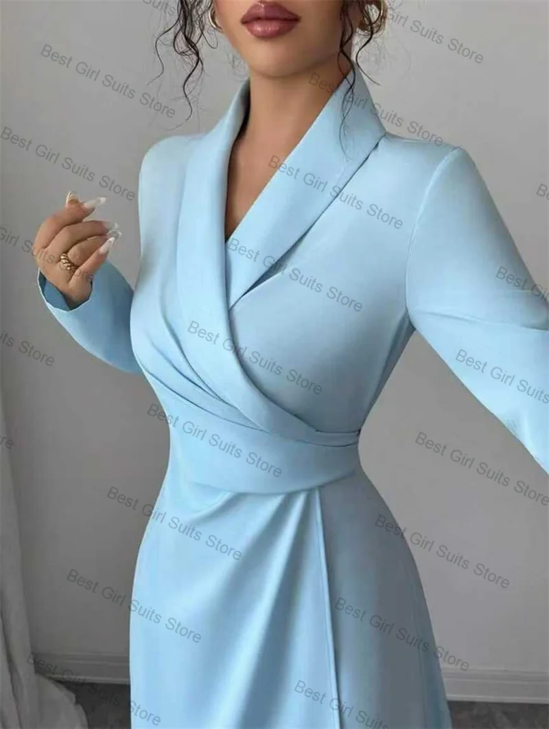 

Light Sky Blue Women Suit 1 Pcs Long Blazer Prom Dress Guest Cotton Autumn Formal Office Lady Jacket Customized Wedding Coat