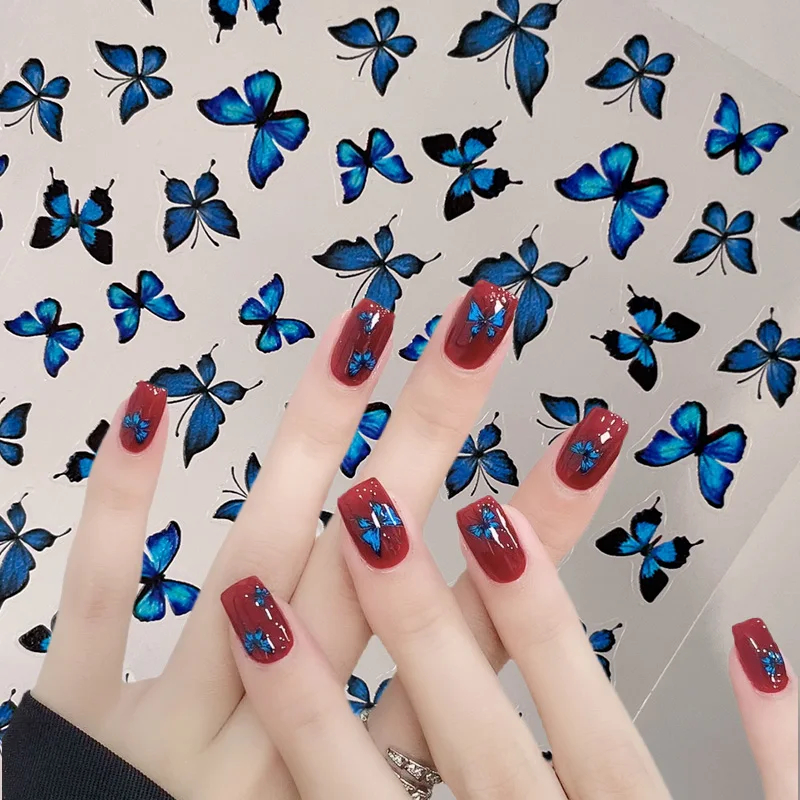 1 Sheet 10.3X8CM Fashion Blue Butterfly Nail Stickers Black Blue Butterfly Nail Decoration Decals Manicure Decoration Stickers