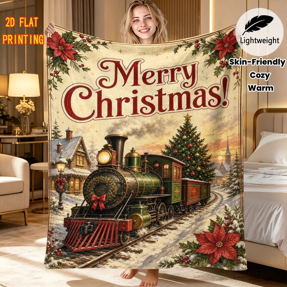 Soft Flannel Merry Christmas Train Blanket Lightweight Holiday Throw Blanket For Xmas Party And Daily Rest
