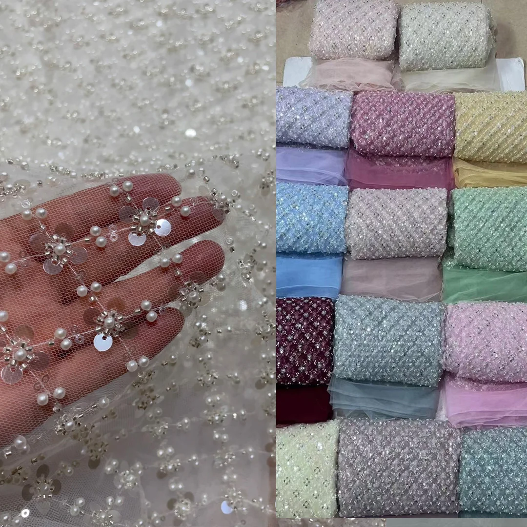 

(5yards/pc) High grade white African wedding tulle lace fabric with delicate beads and sequins embroidery French net lace FCC262