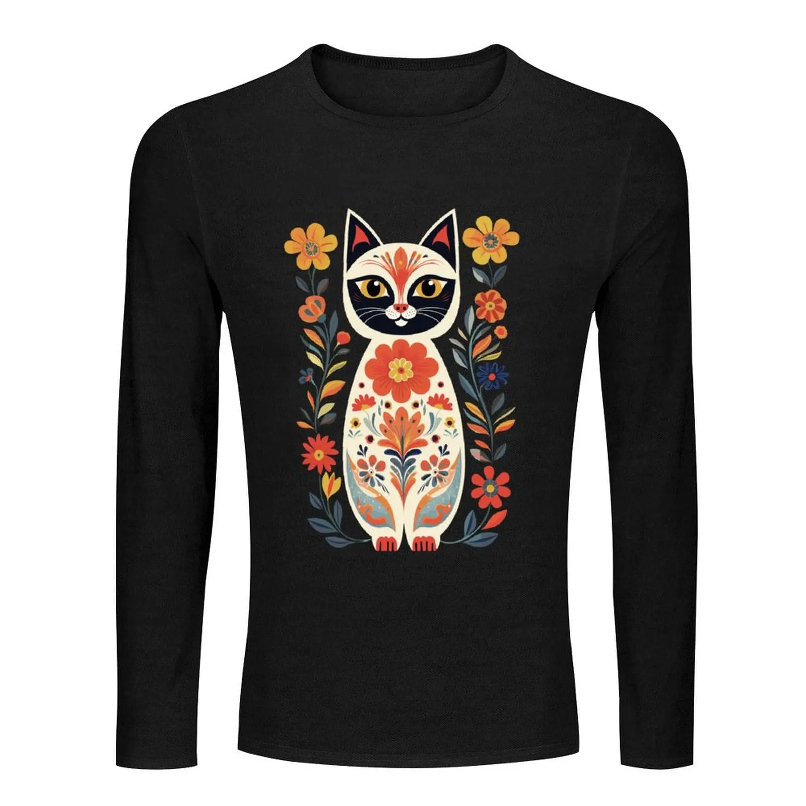 Polish Folk Art Cat Long T-Shirt kawaii clothes sweat shirts heavyweight t shirts anime clothes Men's t-shirts