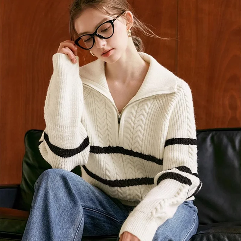 Striped Pullovers Women Turn-down Collar Knitted Sweaters Autumn Winter Zipper Keep Warm Daily Slouchy Temper All-match Tender