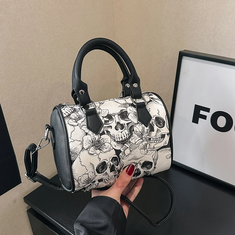 Brand Boston Handbag For Women High Quality PU Leather Bag 2023 New Small Shoulder Crossbody Bag Punk Skull Printing Female Bag