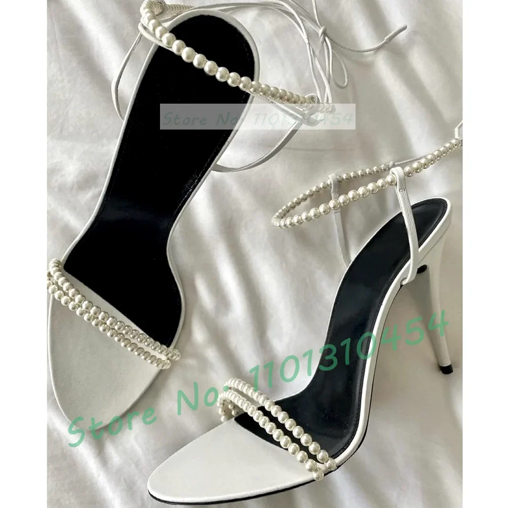

White Pearl Chain Wedding Sandals Women Stiletto Heel Elegant Lace-up Shoes Summer Female Luxurious Open Toe Casual Pumps