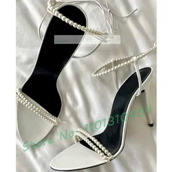 White Pearl Chain Wedding Sandals Women Stiletto Heel Elegant Lace-up Shoes Summer Female Luxurious Open Toe Casual Pumps