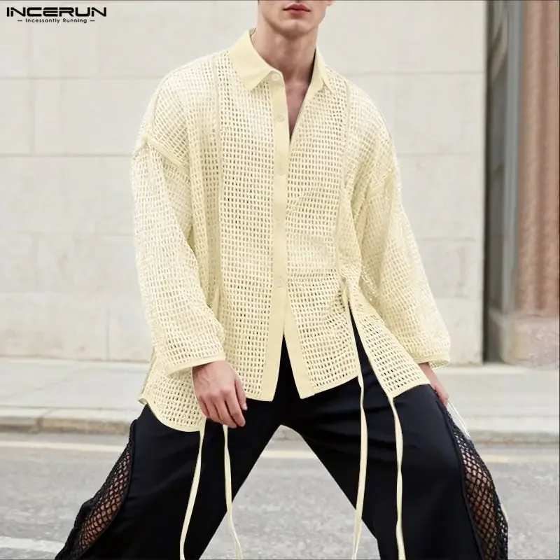INCERUN Men Shirt Solid Color Lapel Long Sleeve Hollow Out Men Clothing Streetwear Lace Up 2026 Loose Fashion Casual Male Tops