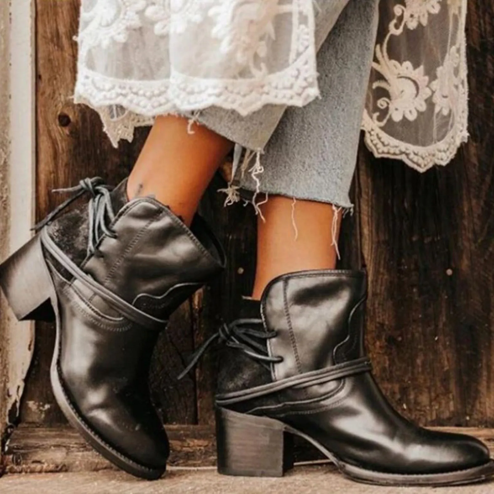 

Round Winter Fashion Heel Boots For Women Vintage Lace Up Round Toe Solid Leather Boots Fashion Elegant Dressy High Heel Booties