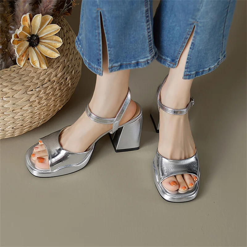 Gold Silver Sandals Woman Summer 2024 New Fish Toe Stiletto Sandals Social Shoes Medium Heel Roman High Heels Party Elegant