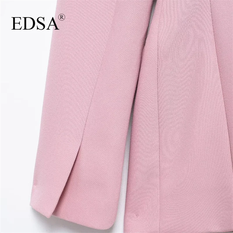 EDSA Women Pink Single Button Blazer Jacket with Flap Pockets for Office Lady Solid Collar Long Sleeves