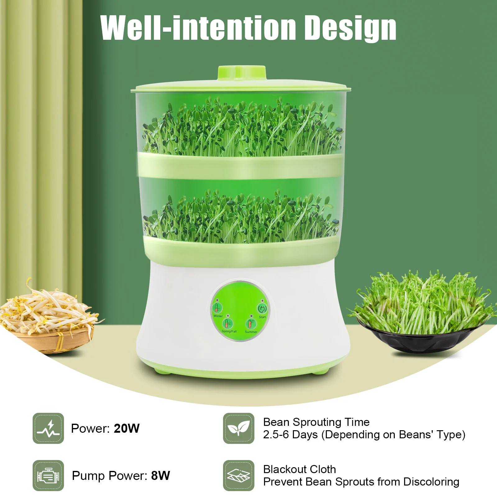 New Intelligent Bean Sprout Machine Vegetable Seeds Growth Bucket 2-Layer Large Capacity Constant Temperature Cultivation Basin