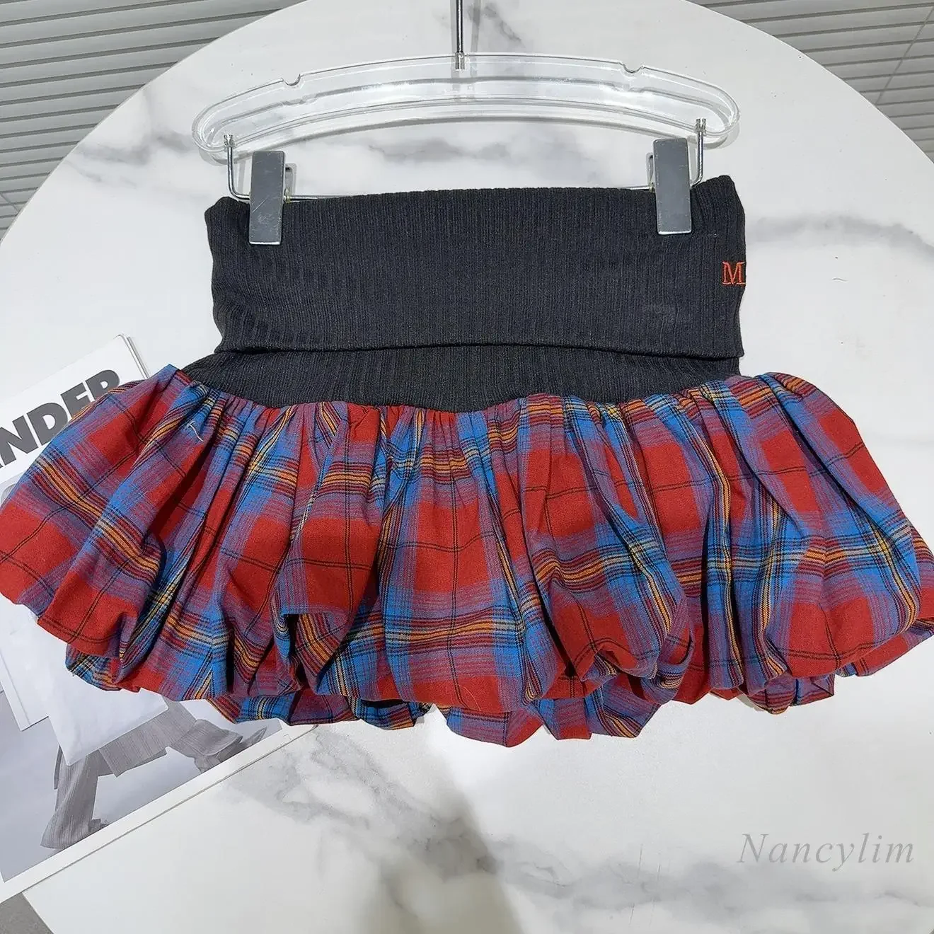 2024 Winter New Sweet Spice Girl Knitted Flanged Waist Splicing Plaid Skirt Miniskirt for Women Y2K Skirt