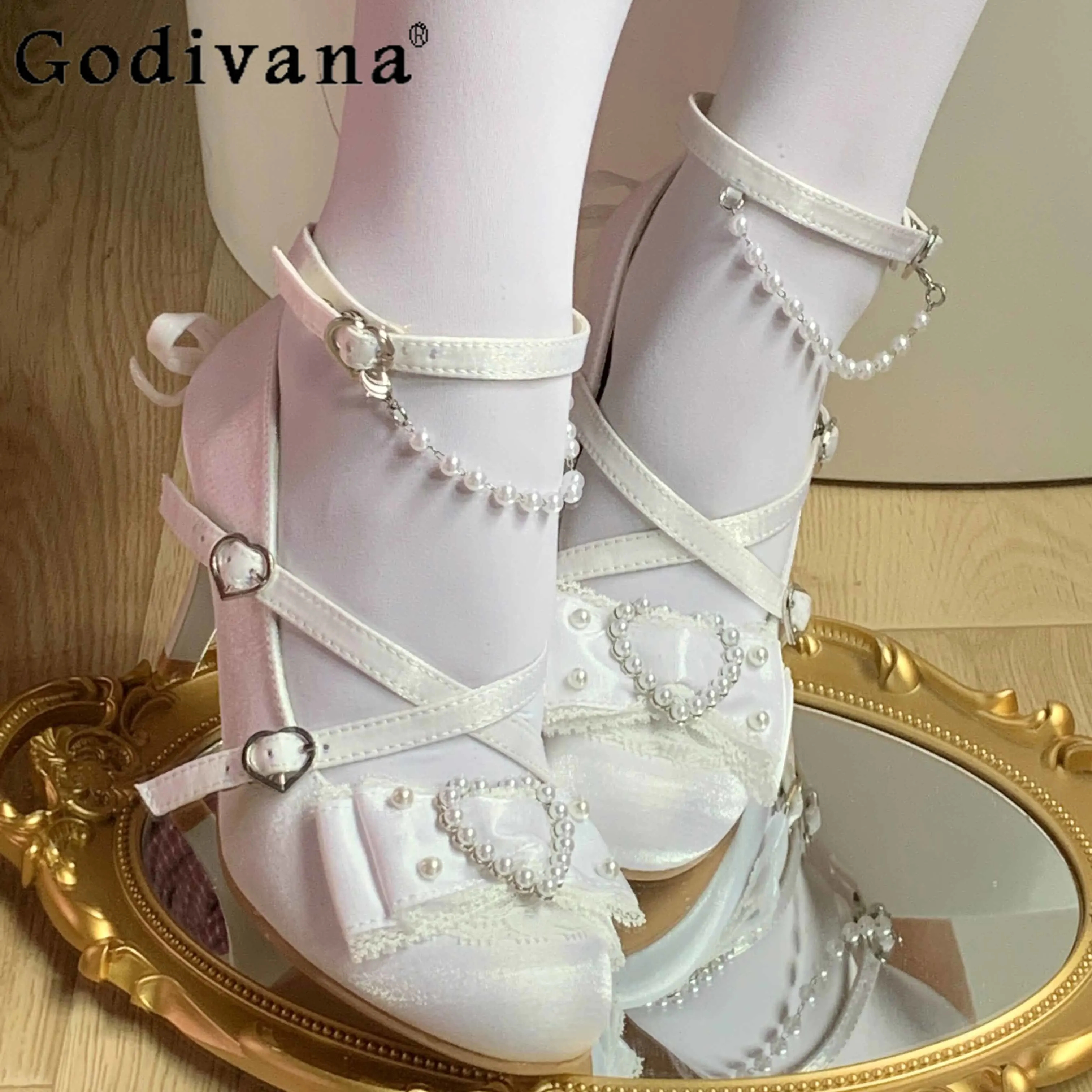 

Sweet Girl Japanese Original Lolita High Heels Bowknot Pearl Pointed Toe Stiletto Versatile Mary Jane Shoes