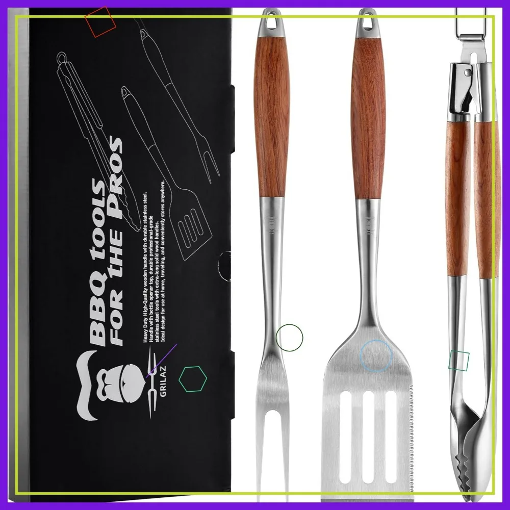 

Heavy-Duty Rose Wood BBQ Grilling Tools Set with Stainless Steel Spatula, Fork & Tongs for Barbecue