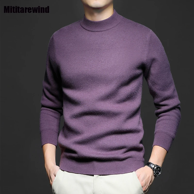 5.8% Wool Sweaters for Men Fall Winter Casual Purple Sweater Jumpers Mock-neck Pullovers Simple Knitted Sweater Fashion Knitwear