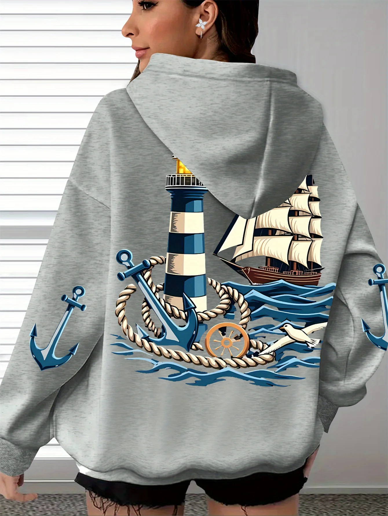Comfortable cartoon print pullover soft and casual long-sleeved with pockets comfortable women's oversized clothing for daily