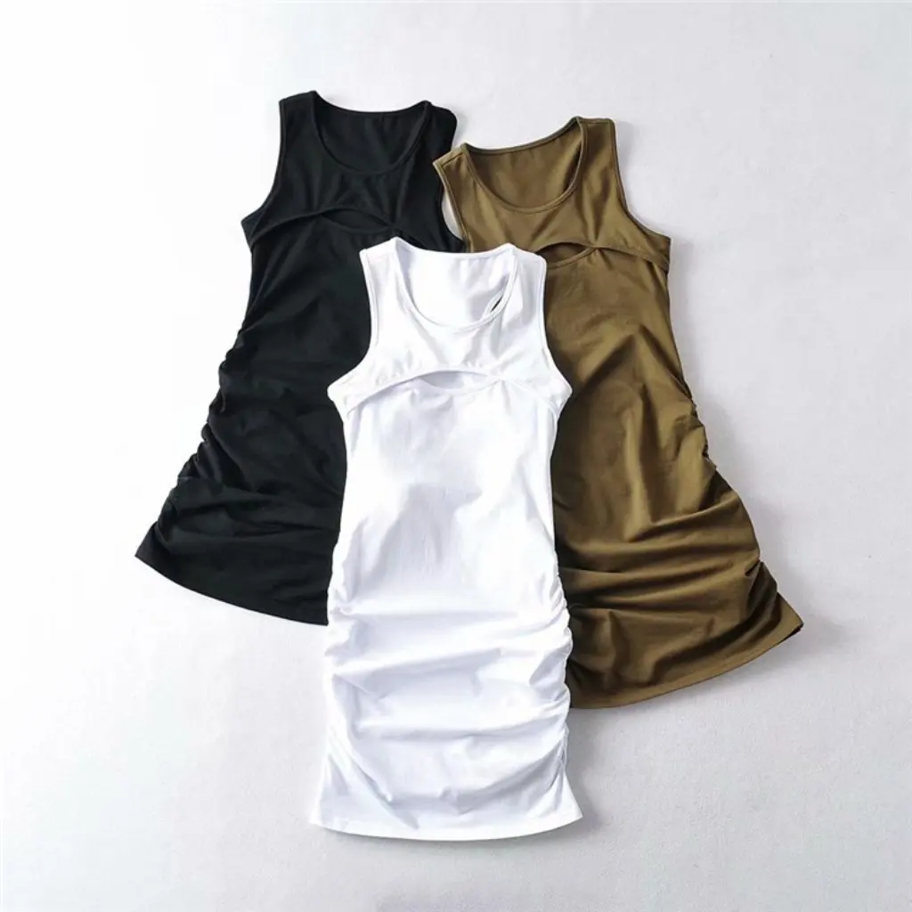 YPFF verão fino ajuste colete saia sem mangas em torno do pescoço cintura plissada estilo europeu americano vestido casual para mulher