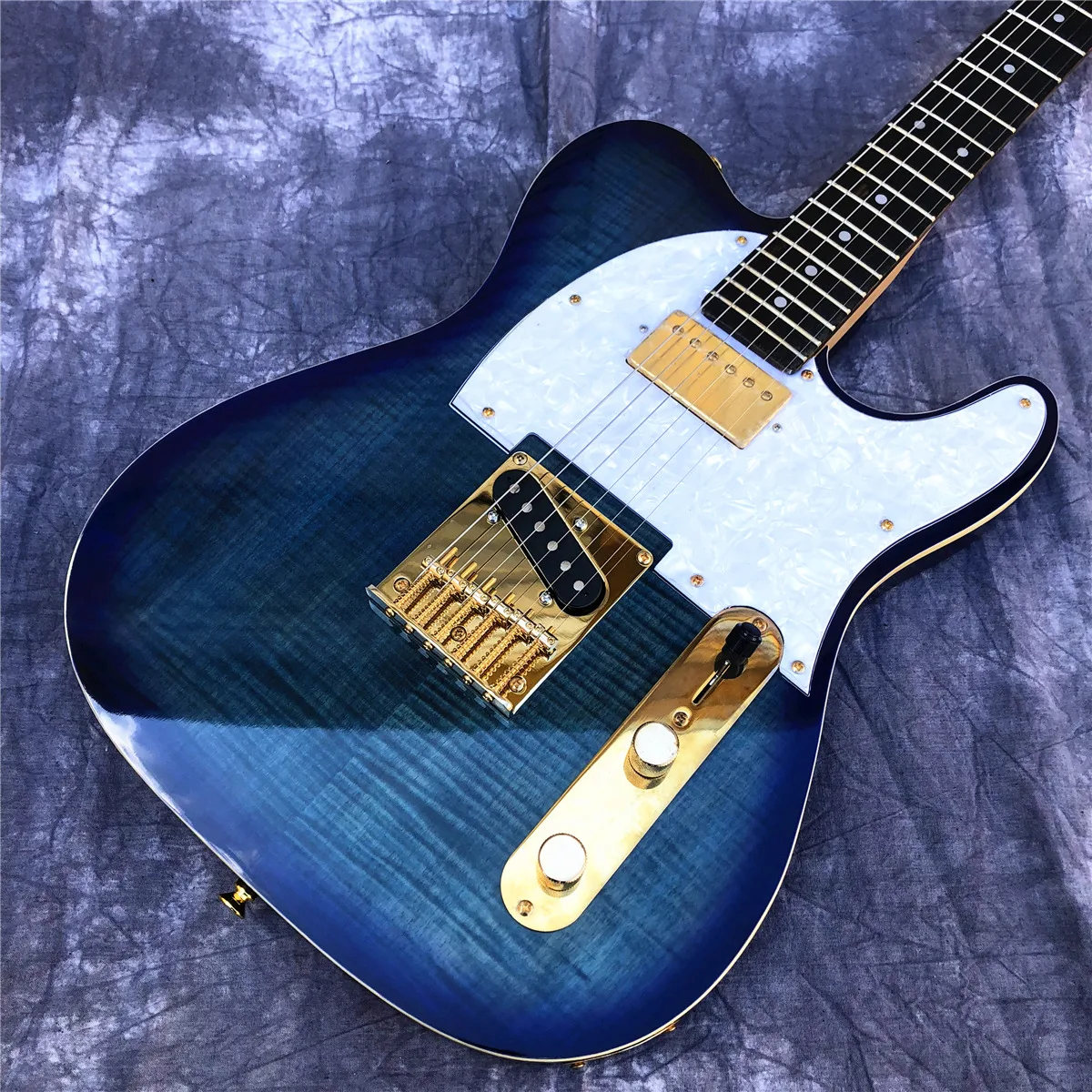 Factory Blue Flame Maple Top TL Electric Guitar,High Quality Gold Hardwares 6 Strings Solid Wood Guitarra