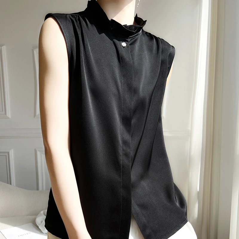 Fashionable sleeveless Shirt Vest Women\'s Ear Lace Top 2024 Spring/Summer New Satin Temperament Versatile Layering Small Shirt