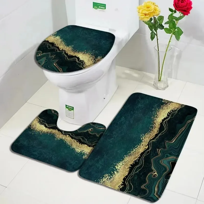 VIKAMA 3pcs Marble Gold Foil Bathroom Mat Set for Shower Room, Machine Washable & Noise Reducing, Home Decoration
