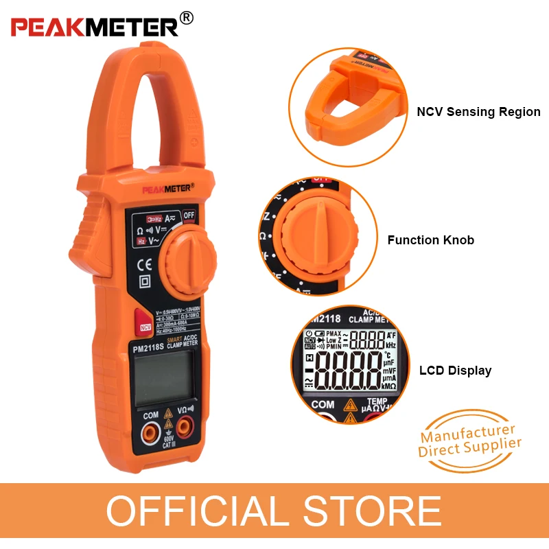 PEAKMETER PM2118S Clamp Meter Portable Smart Multimet AC / DC Digital Current Clamp Voltage Resistance Continuity Test With NCV