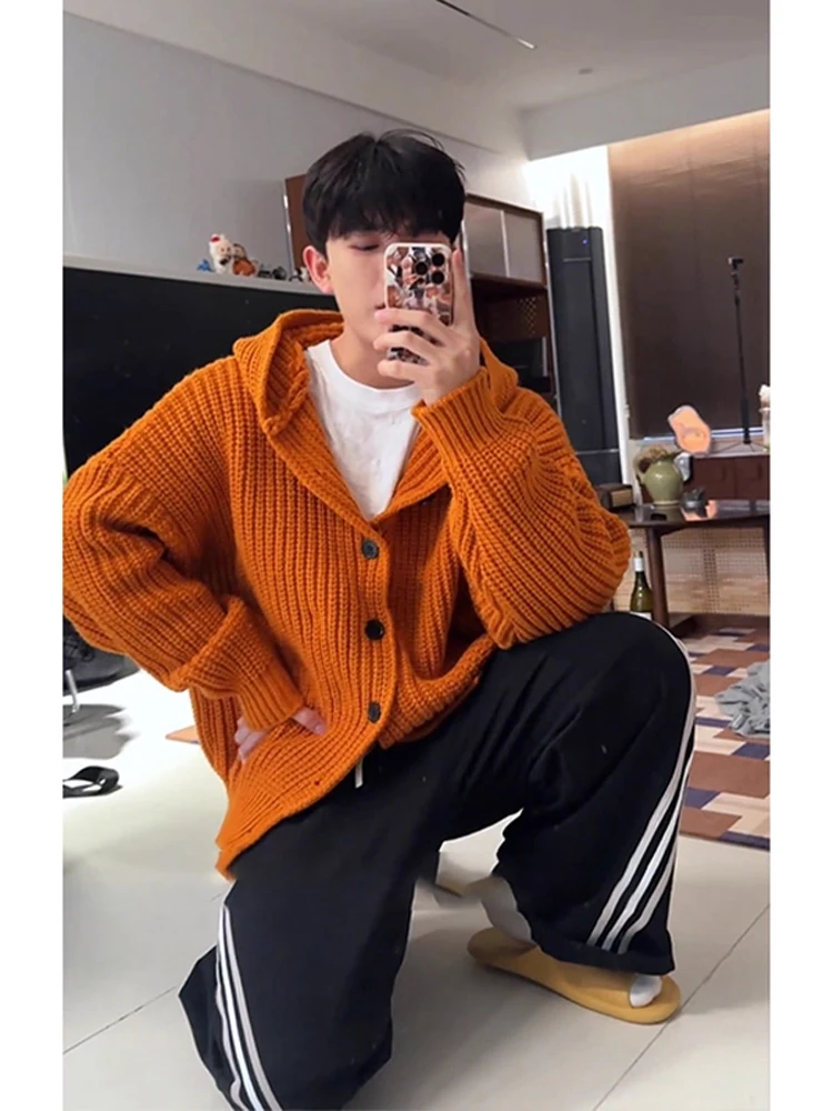 

Orange Lazy Sle Knitted Sweater Men's Autumn Winter American Heavyweight Hooded Knitwear Loose Fit Button up Yarn Coat