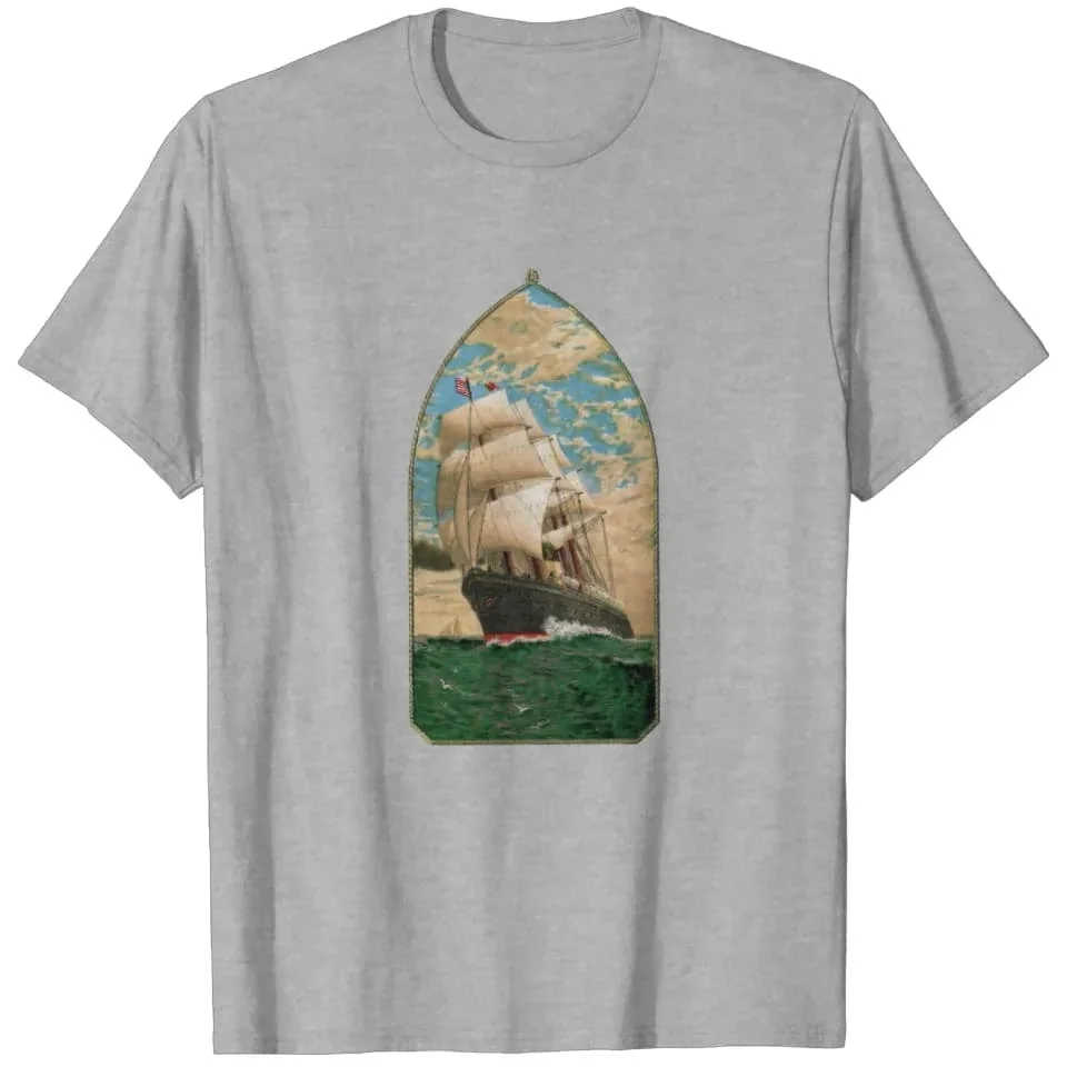 Fashionable Retro Style Sailing Themed Printed Retro Sailboat T-shirt with Simple Colors Suitable for Both Men and Women