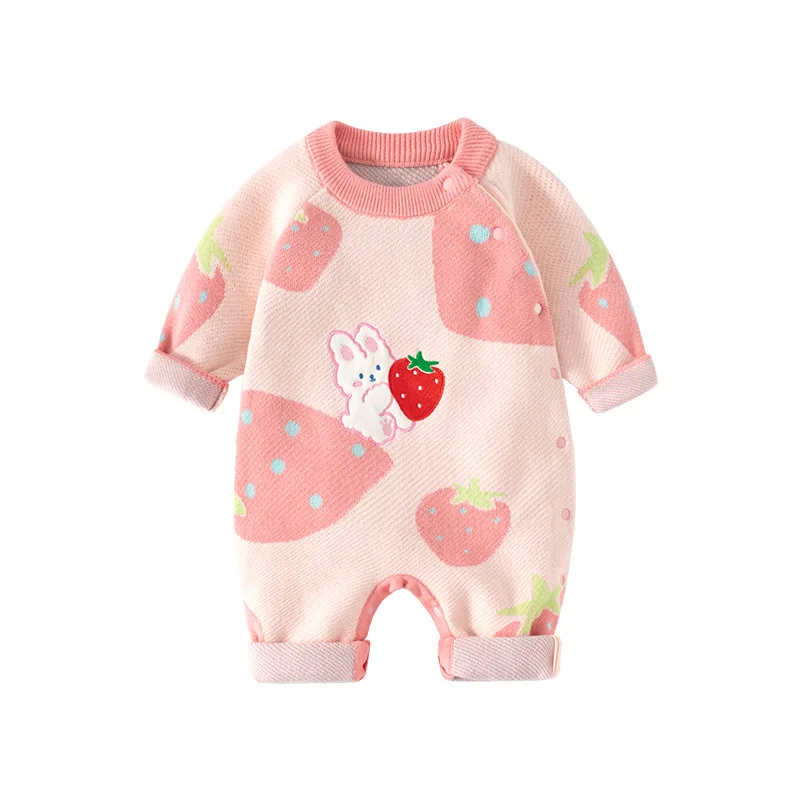 UNITIM Autumn Newborn Girl Bodysuit Side Buckle Thickened Infant Girls Romper Cartoon Rabbit Strawberry Baby Girl Jumpsuit