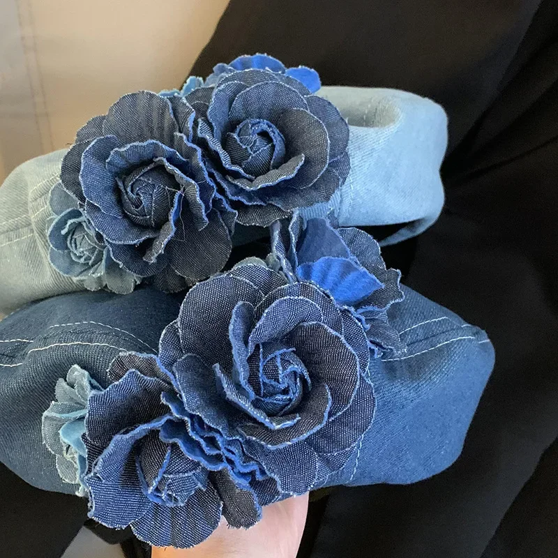 Denim Flower Elegant Summer Spring Berets Ladies Women Girls Fashion Trendy Outdoor Street Cap