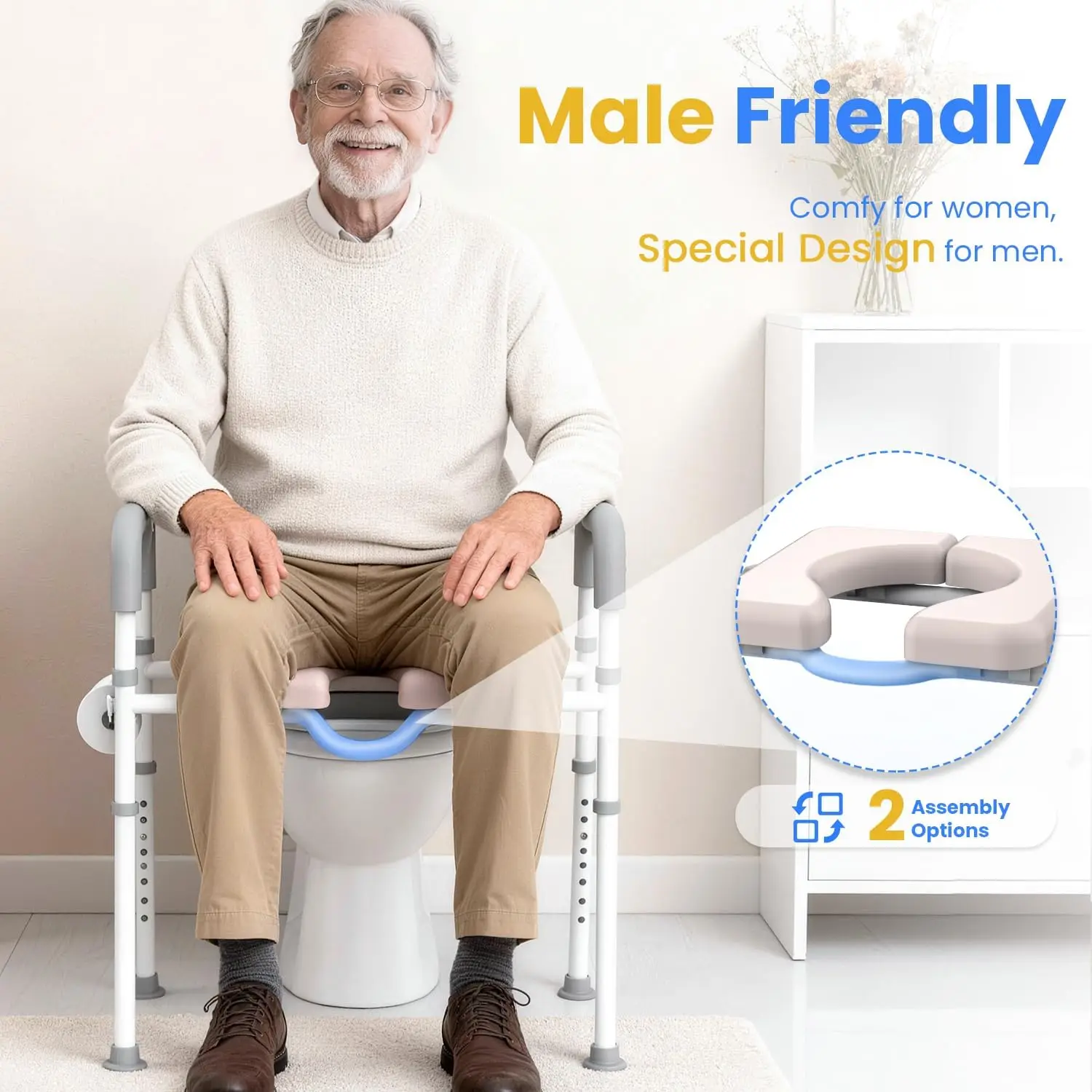 Male-Friendly Width & Height Adjustable Raised Toilet Seat With handles | Toilet Riser for Elderly, Handicap, Elevated, Fit Any