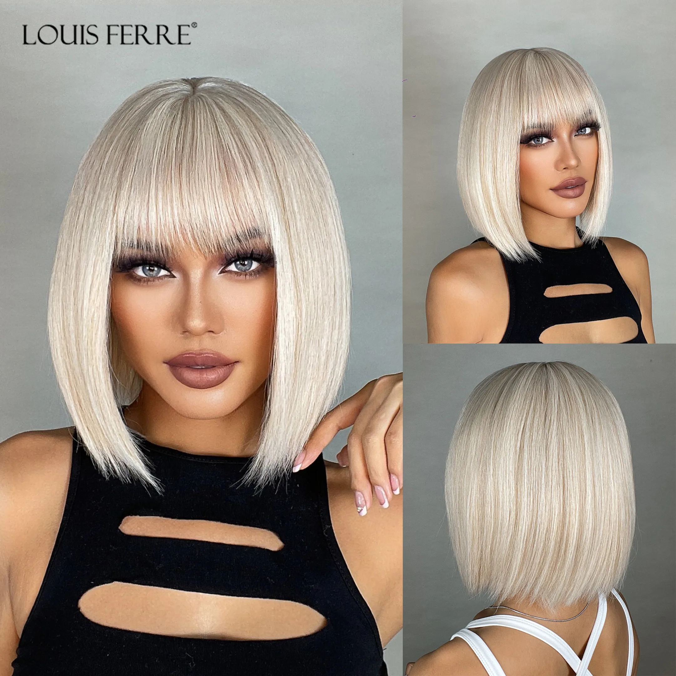 LOUIS FERRE Platinum Blonde Bob Synthetic Wigs With Bangs Short Creamy White Wigs Daily Cosplay Hair Heat Resistant Lolita Wigs