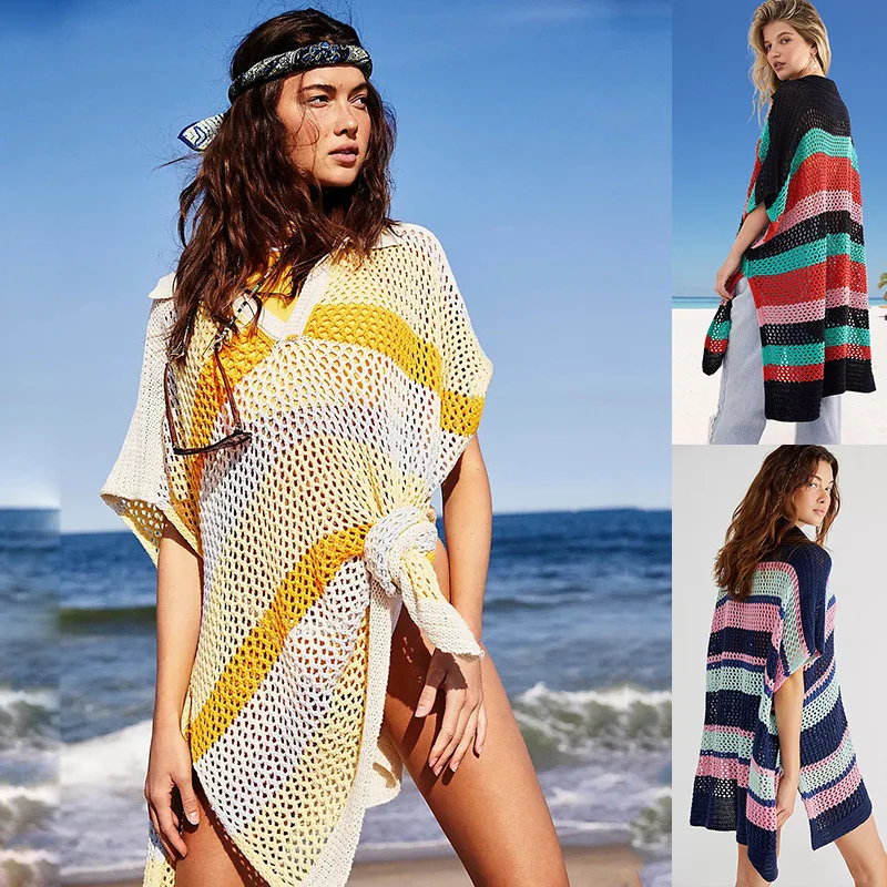 2021 ผู้หญิงไม่สม่ําเสมอตัดกันสีVคอห้าไตรมาสแขนHollowed Out Beachบิกินี่เสื้อป้องกันแสงแดด