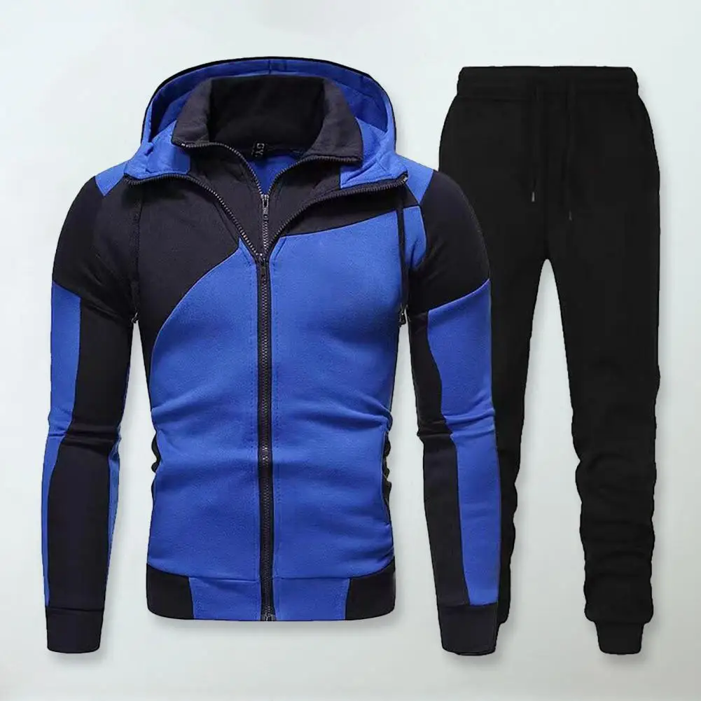 Men Autumn Winter Hoodie Pants Suit Fashion Hooded Splicing Zipper Coat With Elastic Waist Drawstring Pants Set