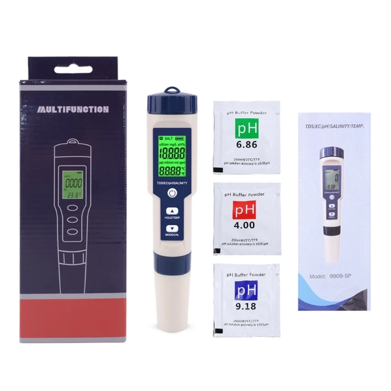 

5 in 1 TDS/EC/PH/Salinity/TEMP Water Quality Tester With Electrode Replaceable Can Measured Non-sea Salinity