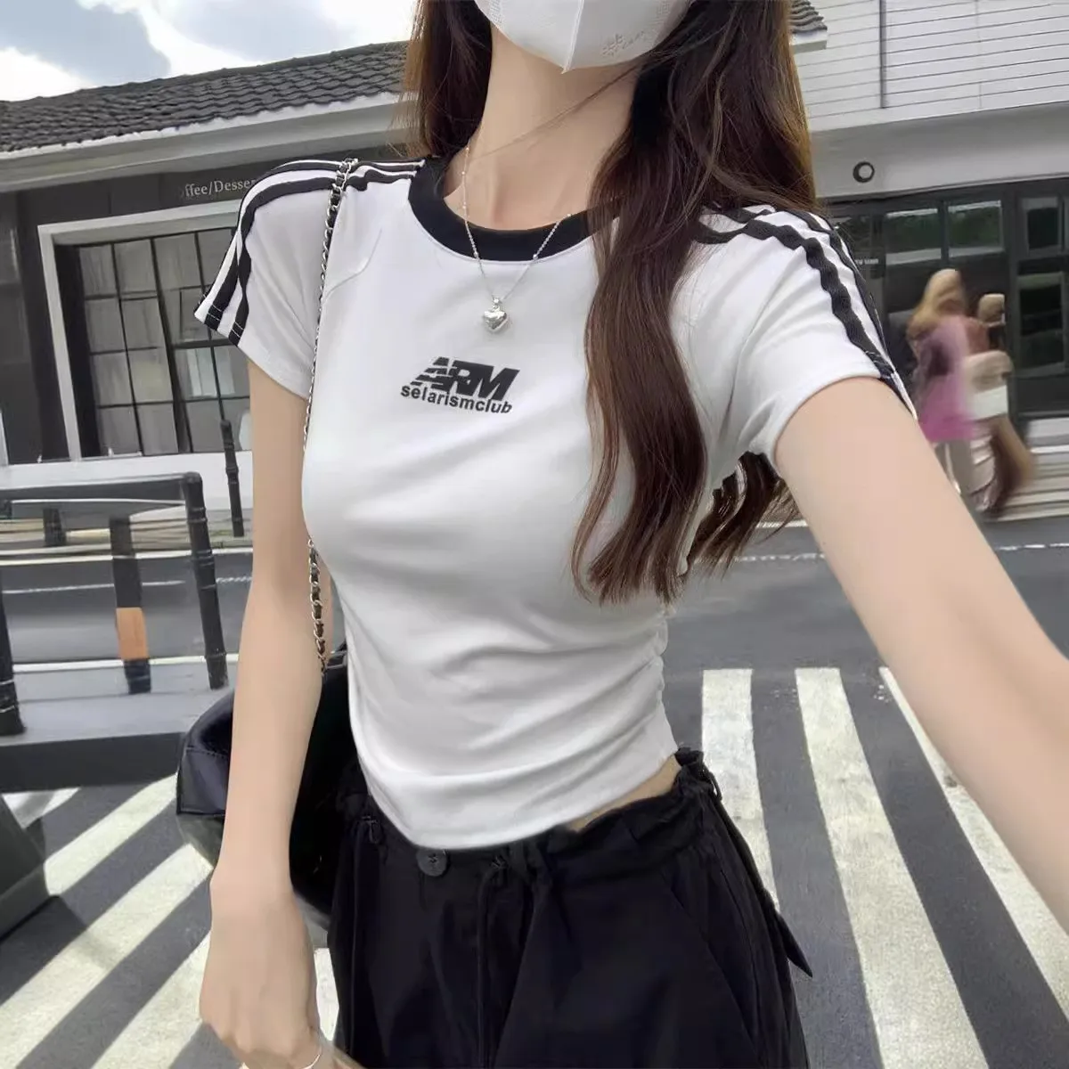 الأمريكية الرجعية المحملة القضبان لصق ort Sve تي شيرت المرأة الصيف الساخن فتاة الخصر النحيف مطوي ort الأعلى #4