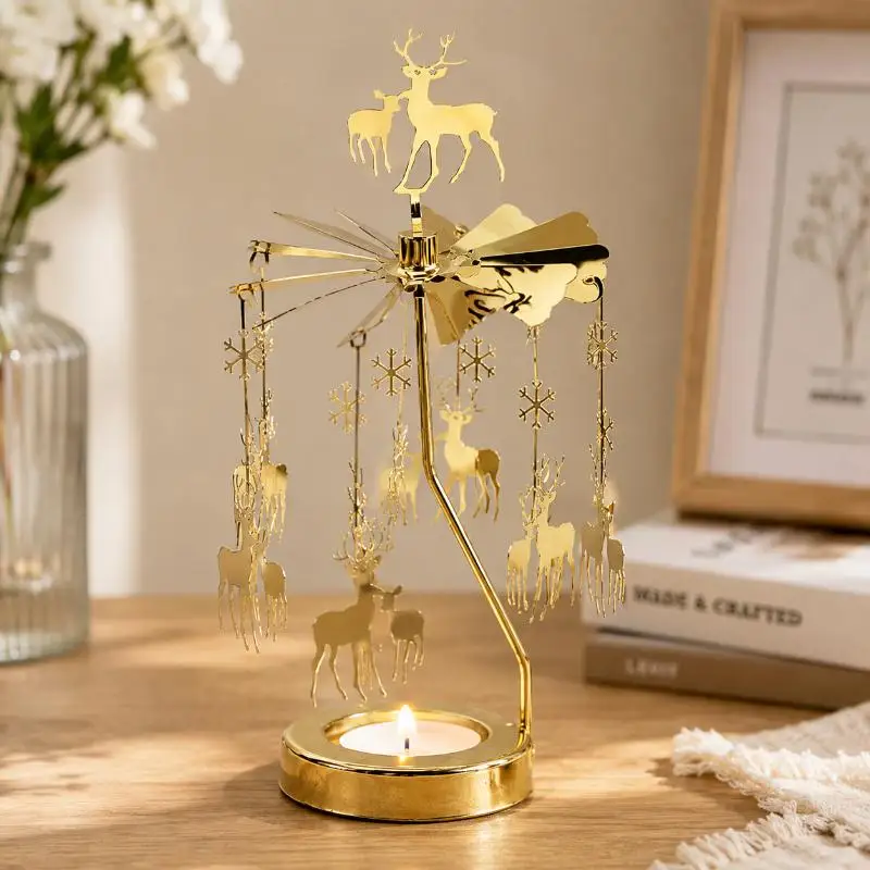 Stainless Steel INS Style Rotating Candle Holder Heat Powered Carousel Tea Light for Birthday Party Ornament