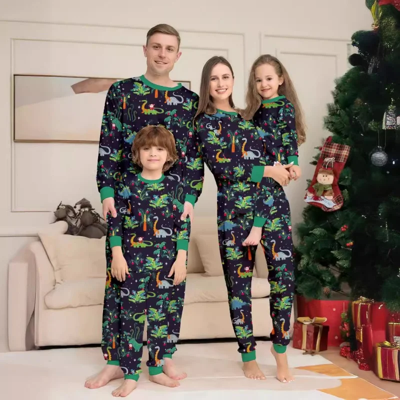 

Christmas Pajamas Set Cute Soft Dinosaur Allover Print Parent-child Matching Outfits 2 Pieces Suit Baby Romper Xmas Family Look