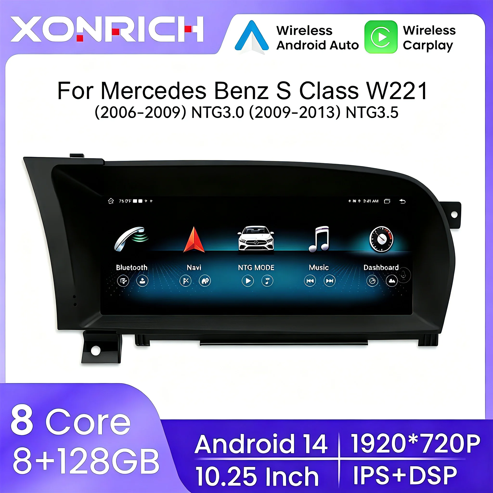 Wireless Carplay AutoRadio Per Mercedes Benz Classe S W221 3.0/3.5 Android 14 Schermo IPS da 10.25 pollici Navigazione GPS Multimediale