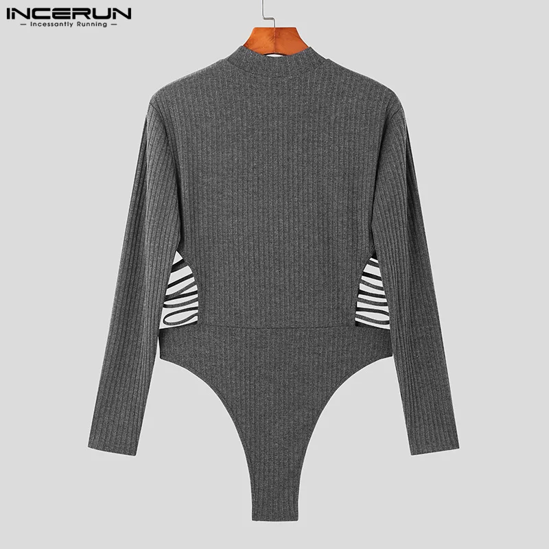 Sexy Fashion Men\'s Bodysuits INCERUN Zipper Side Waist Hollow Half High Neck Rompers Knitted Texture Long Sleeve Bodysuits S-3XL