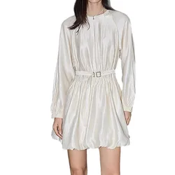 2025 New V-Neck Slim Waist Dress With Belt Women's Half Sleeve Temperament Linen Silk Dress 50% Silk 50% Linen Vintage Dress
