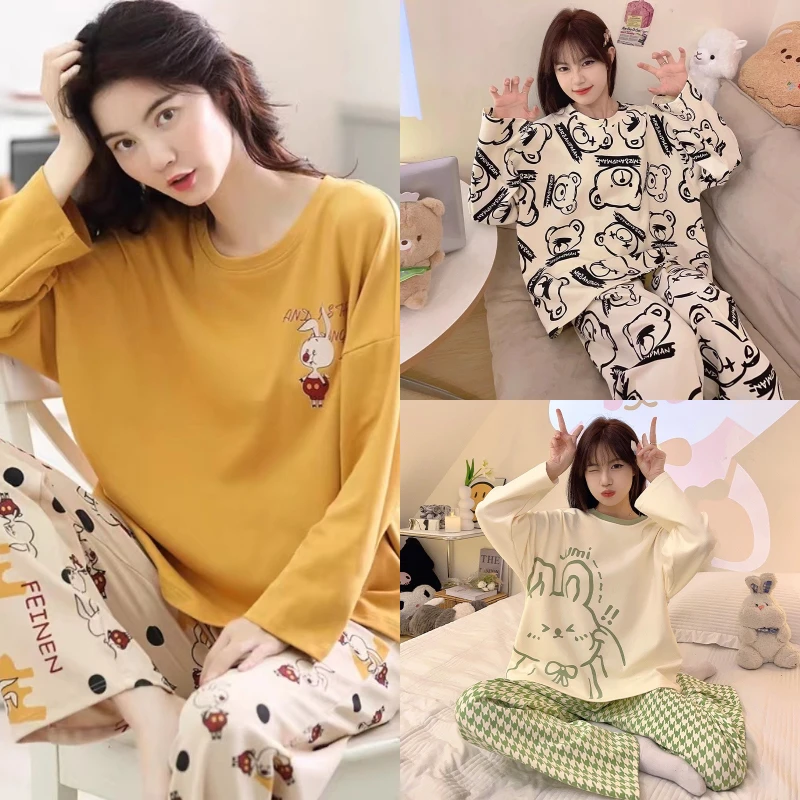 Women\'s Plus Size Pajamas Spring and Autumn Korean New Comfortable Breathable Casual Home Fashionable Cute Cartoon Animal girl