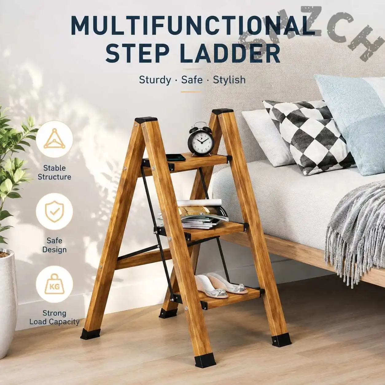 3-Step Foldable Wood-Grain Ladder with Herringbone Pattern – Portable Space-Saving Garden Step Stool