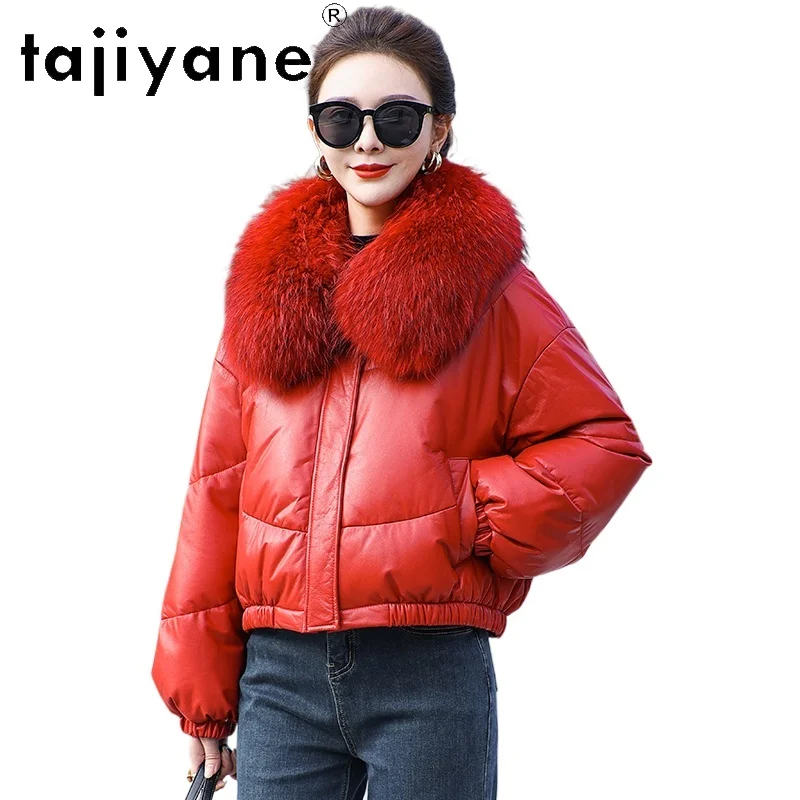 TAJIYANE Echtleder-Pufferjacke für Damen, 100 % genarbtes Rindsleder, kurzer weißer Gänsedaunenmantel mit Waschbärpelzkragen, Winter 2025