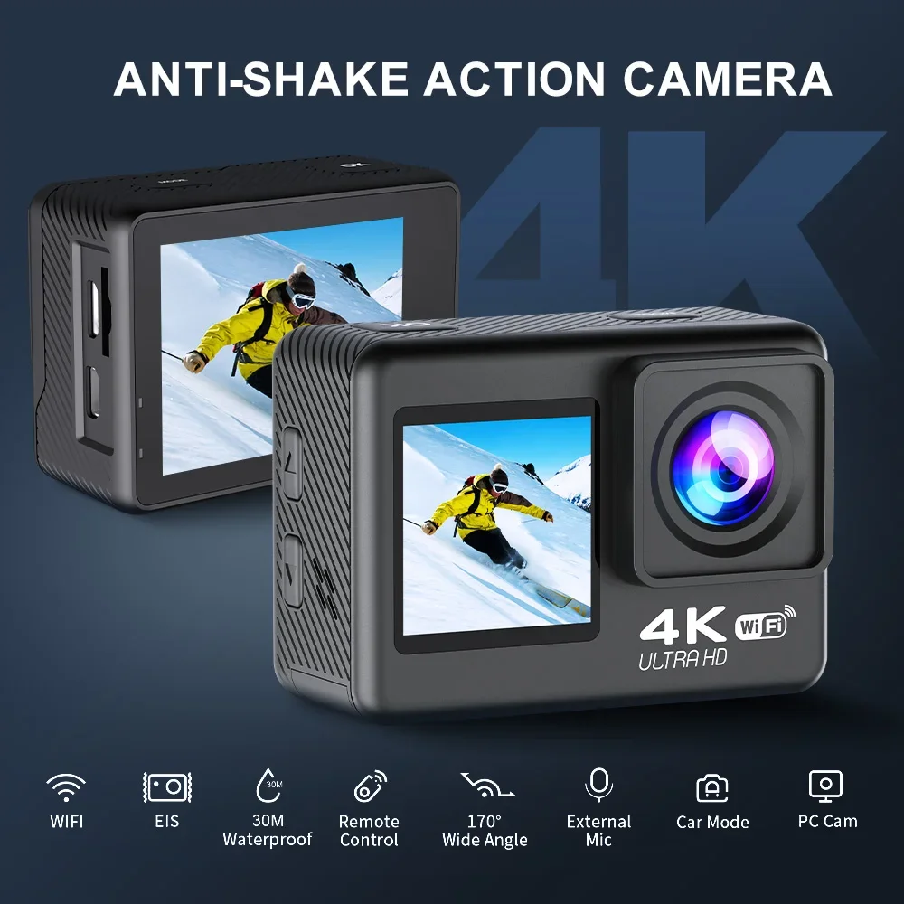 Q60TR 4K 60FPS Action Camera 2024 New Dual Touch Screen Waterproof Sport Camera WiFi 170°Wide Angle Len Motorcycle Drive Record