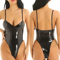 Sexy bodysuit de látex PU para mulheres, lingerie de 1 peça, macacão com correias magras, pijamas, roupas íntimas, fantasias sexuais, peludos