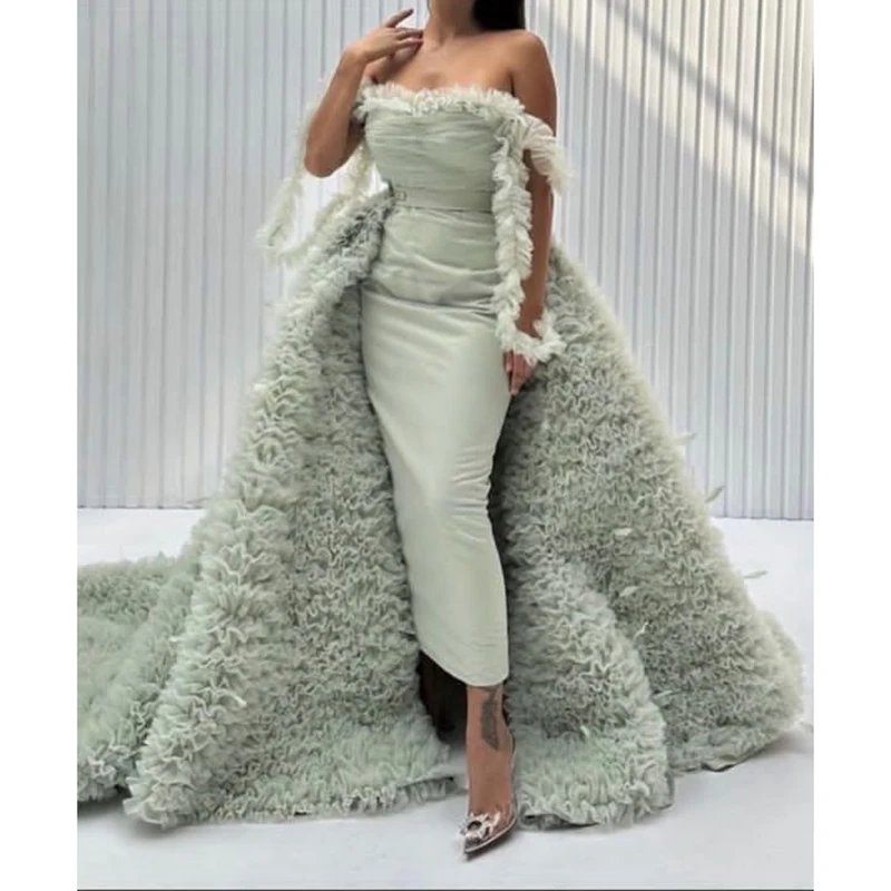 

Elegant Strapless Sleeveless Sheath Prom Dress with Detachable Tail Fashion Tiered Pleat Tulle Sweep Train Evening Party Dress