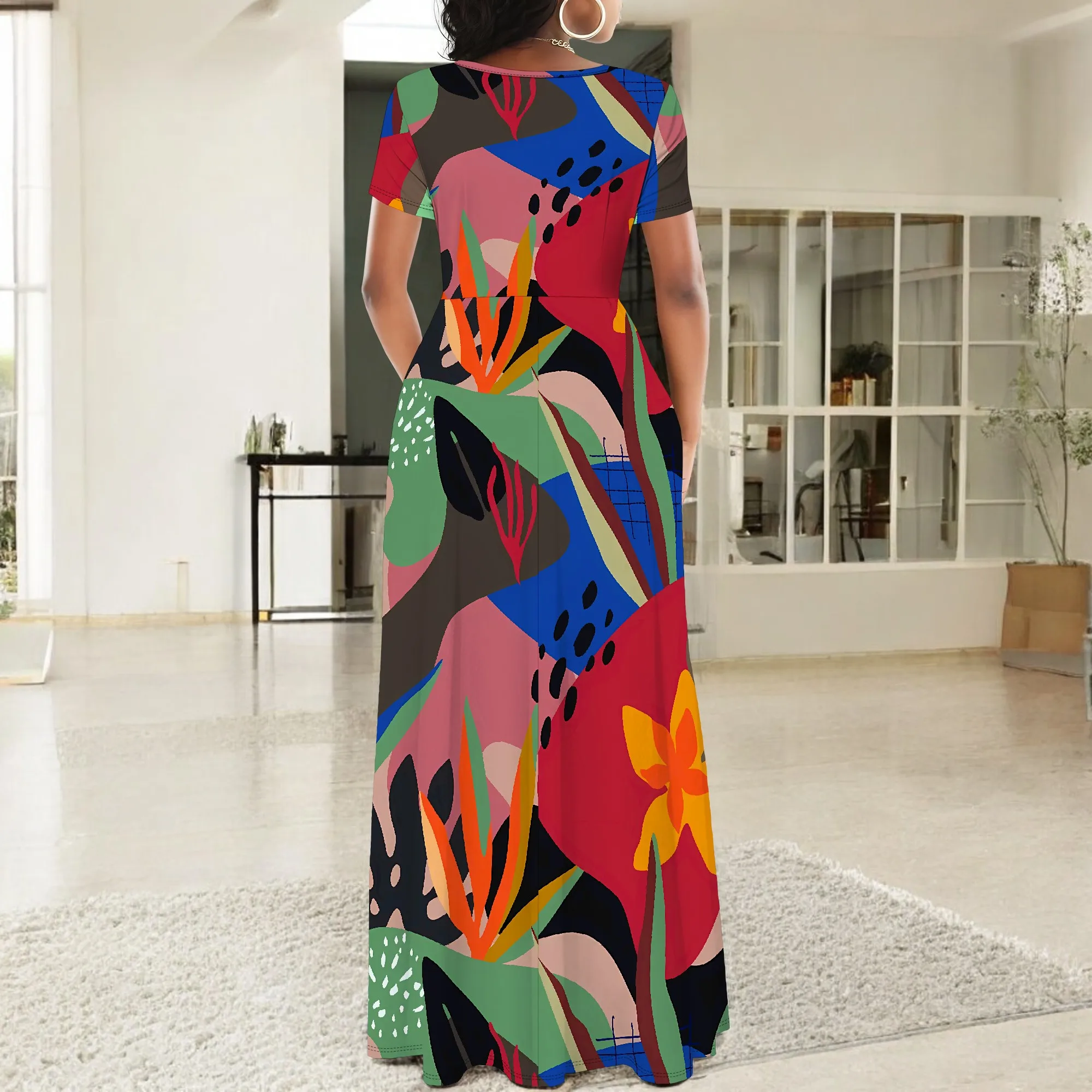 Sukienka maxi z nadrukiem abstrakcyjnym z krótkim rękawem Kolorowe stroje plażowe Boho dla kobiet